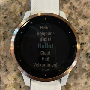 Women’s Garmin Vivoactive 4, rose gold with white band.